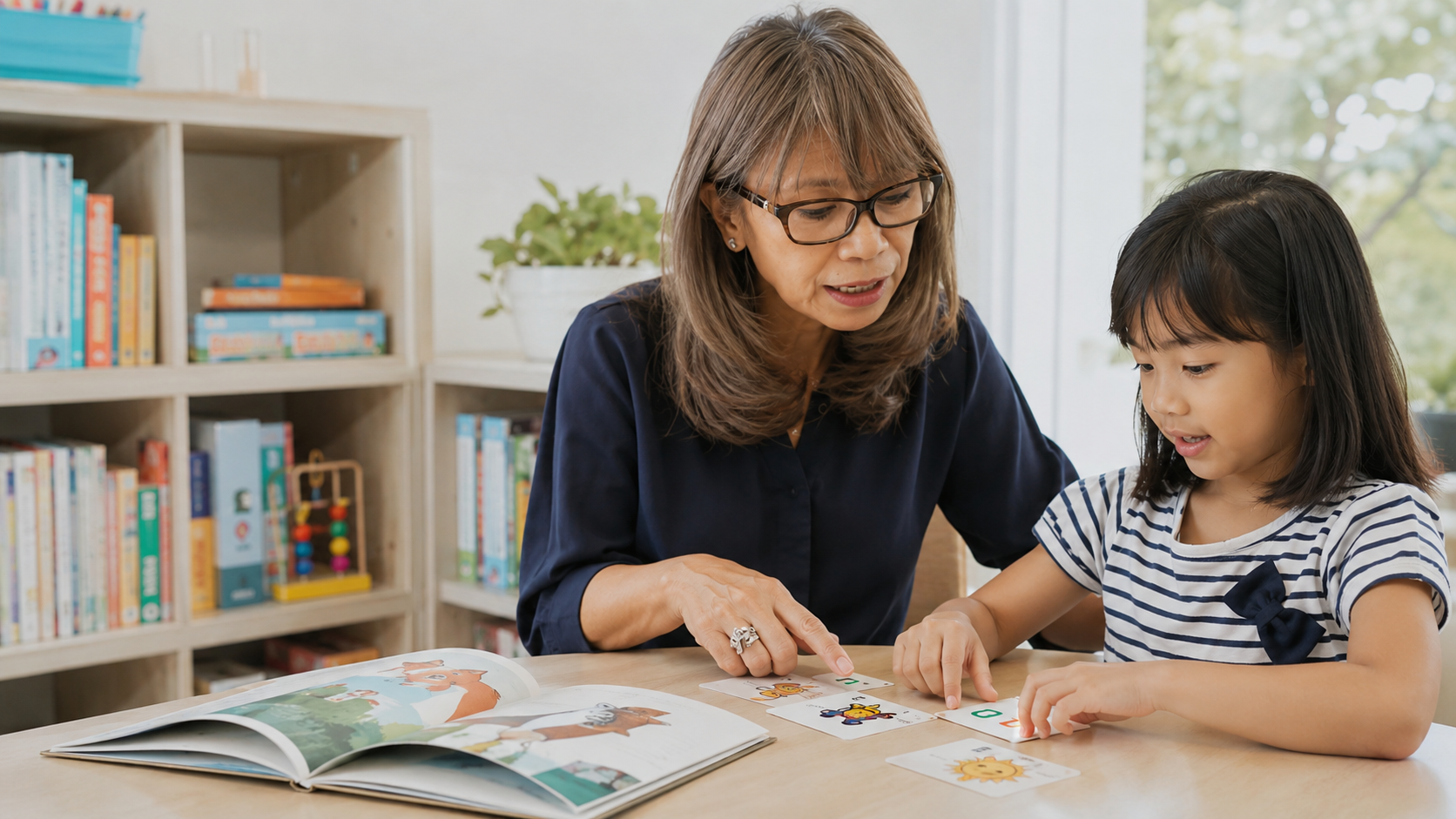 Miss Maria Ira guiding a child through an English phonics activity